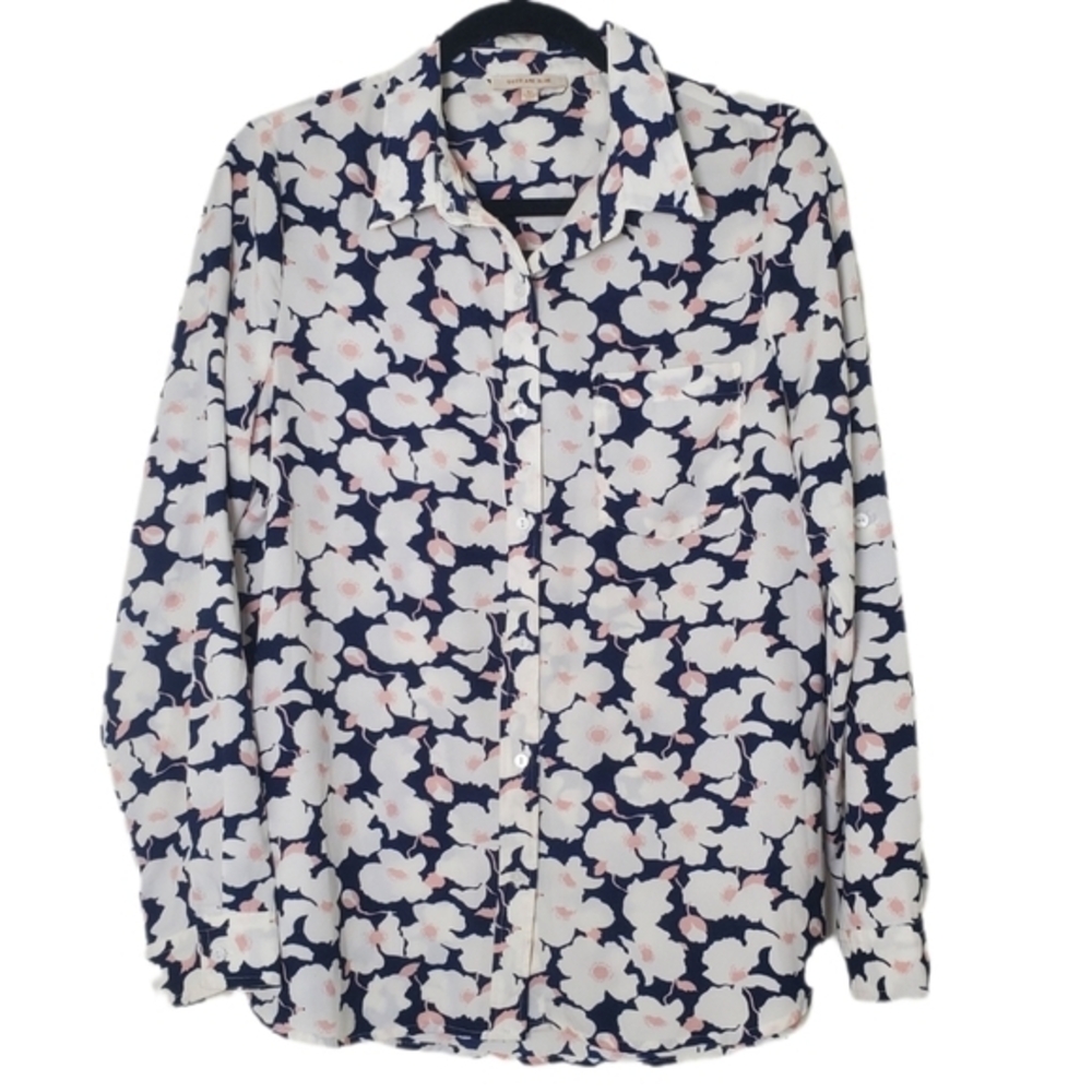 Skies Are Blue Women's Floral Print Button Shirt Roll Tab Sleeve Blouse